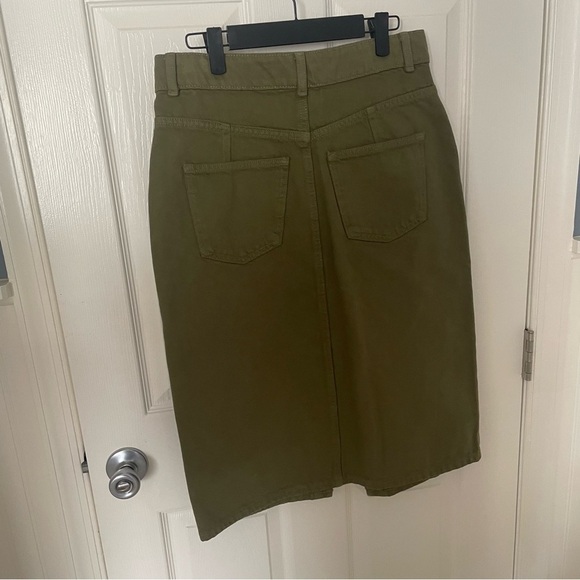 Michael Kors Smoky Olive Denim Jean Gold Button Front Midi Skirt SZ 6 NWT $110 - Picture 6 of 14
